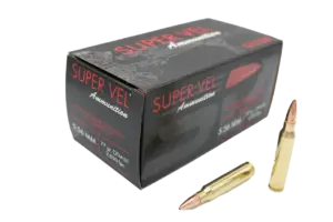 Super Vel 5.56 NATO 77 grain OTM boat tail factory new match rifle ammo box, sold as a 500-round case of ten 50-round boxes