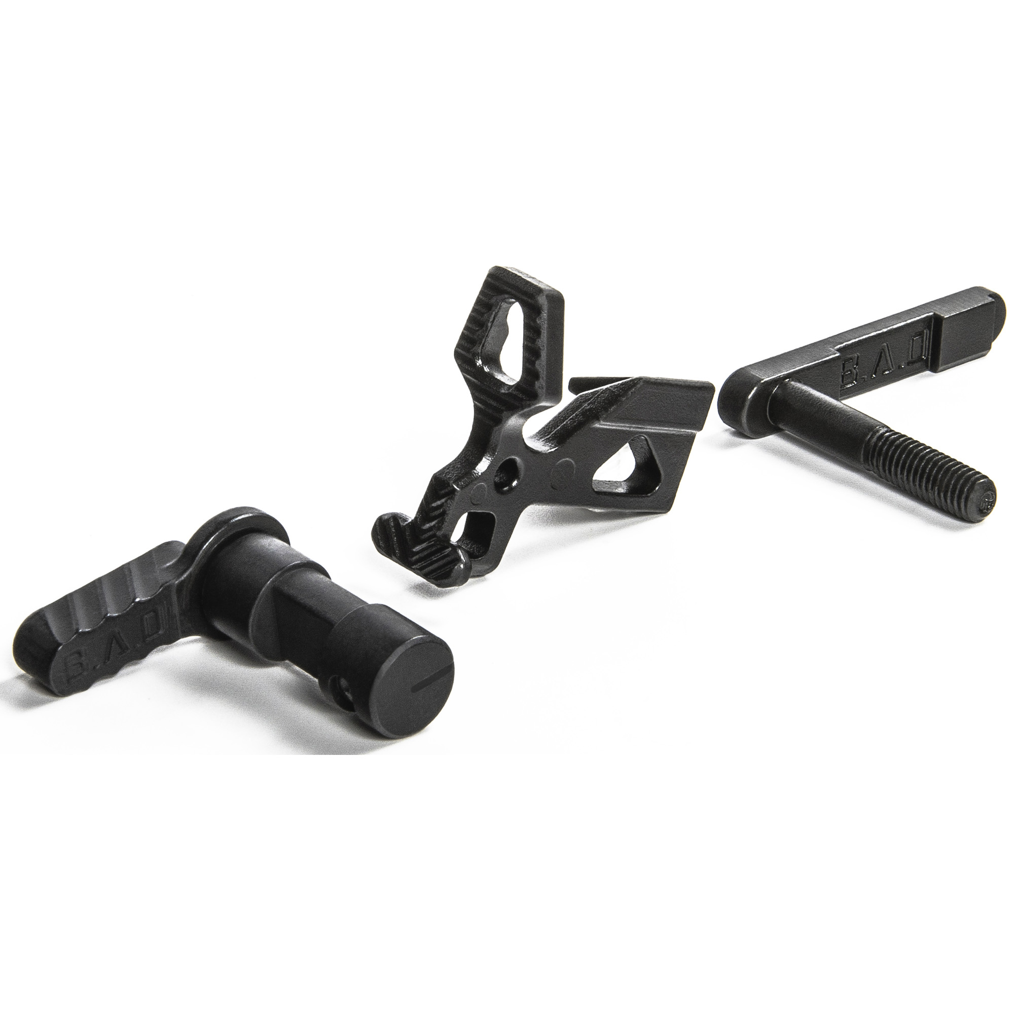 Battle Arms Development 3-piece enhanced AR-15 lower parts kit with bolt catch, magazine catch, and safety selector in black phosphate