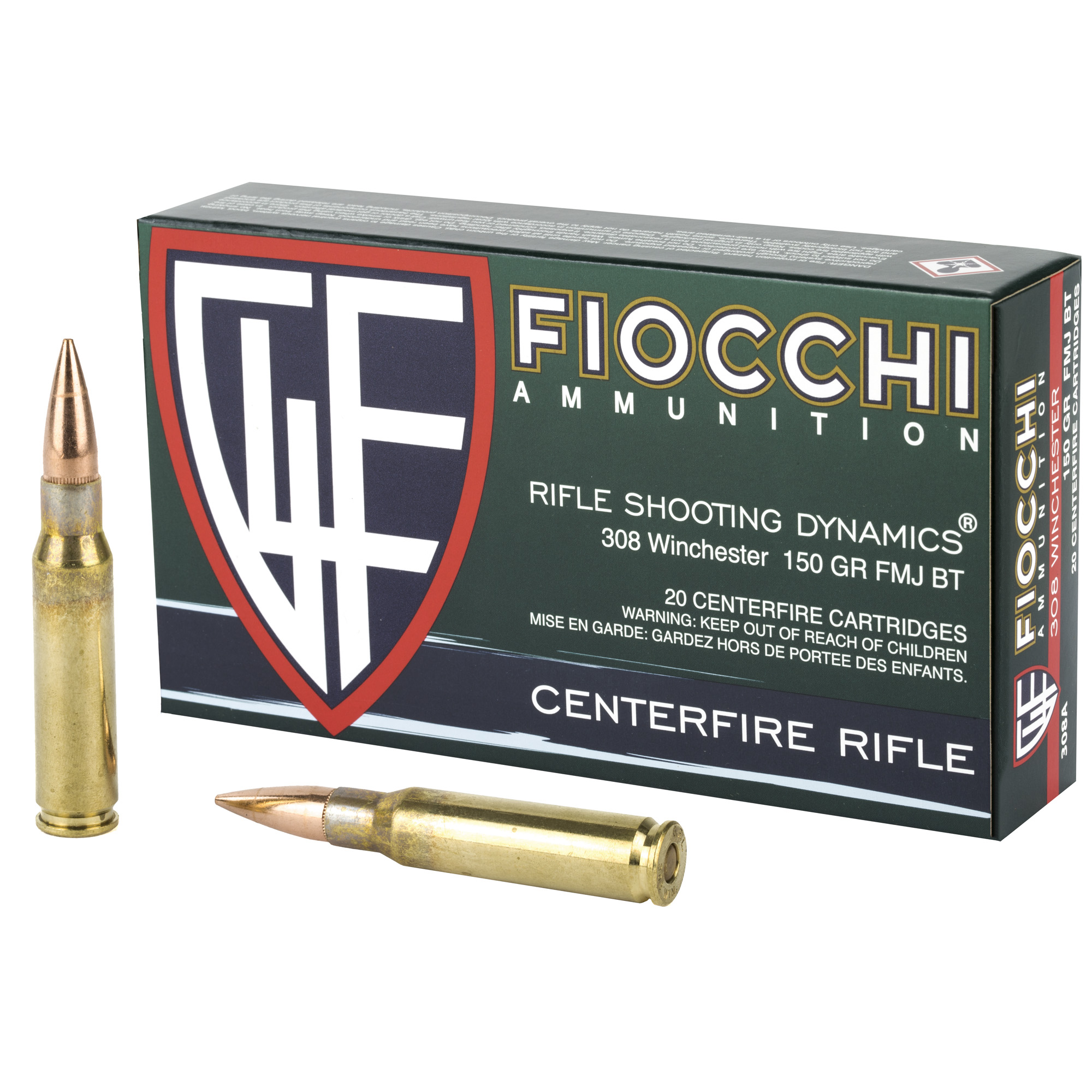 Fiocchi Range Dynamics 308 Winchester 150 grain FMJBT rifle ammunition, 20 round box