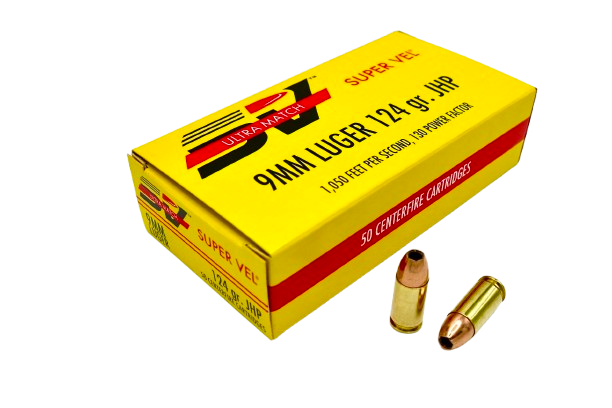 Super Vel Ultra Match 9mm Luger 124 grain JHP factory new match ammo box, sold as a 1,000-round case of twenty 50-round boxes