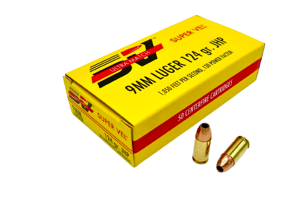 Super Vel Ultra Match 9mm Luger 124 grain JHP factory new match ammo, single 50-round box