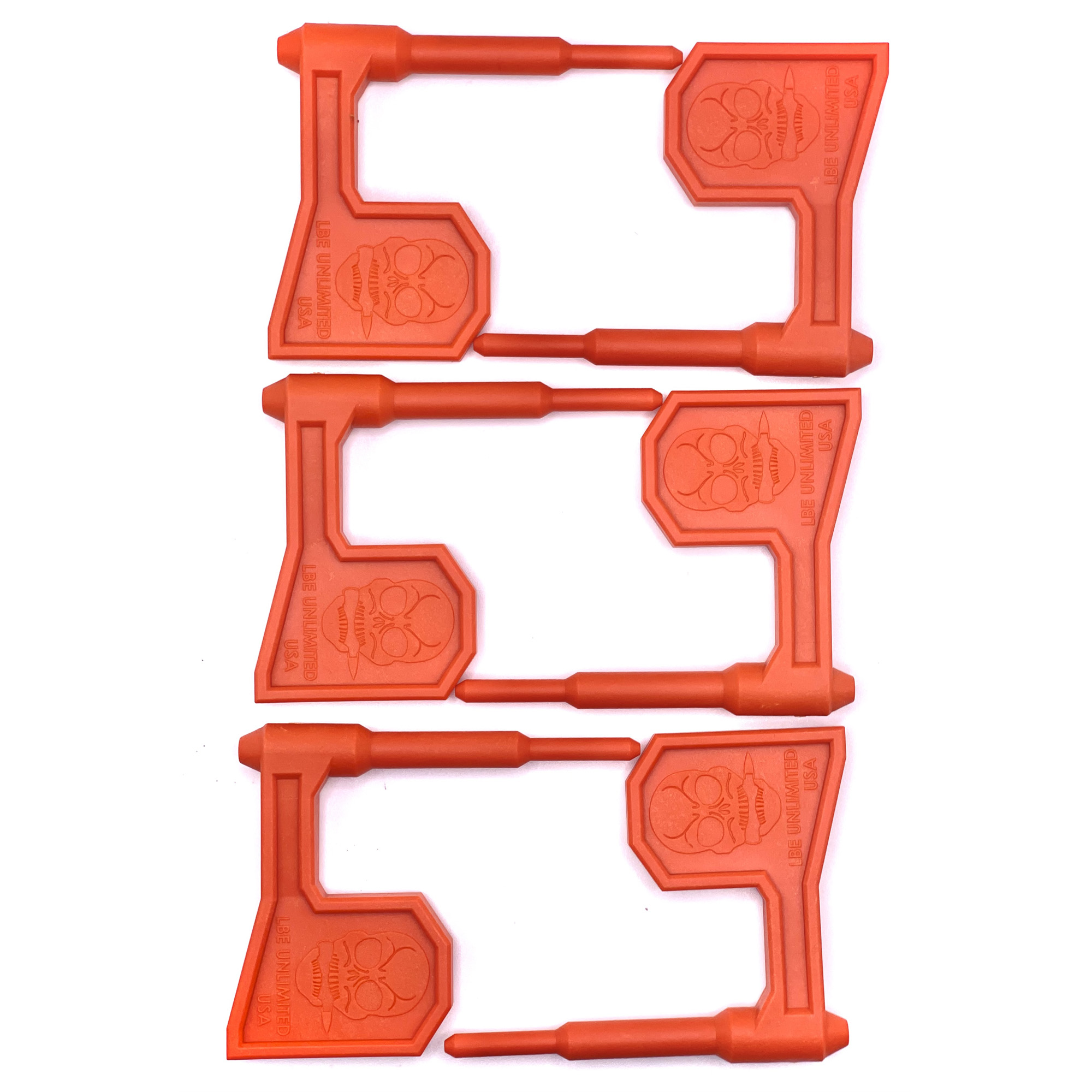 Six orange LBE Unlimited polymer rifle chamber safety flags