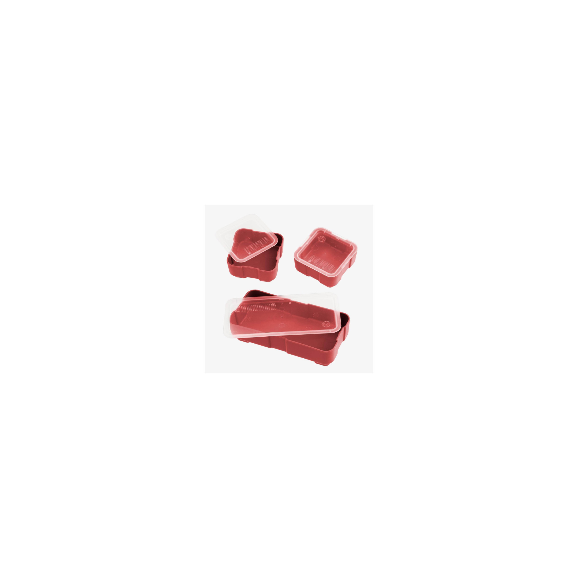 Magpul DAKA Bins set in red, one 2x4 and two 2x2 polymer bins with lids for the DAKA GRID Organizer