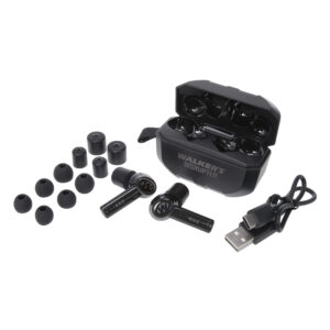 Walker's Disrupter noise-canceling Bluetooth electronic earbuds in black with charging case
