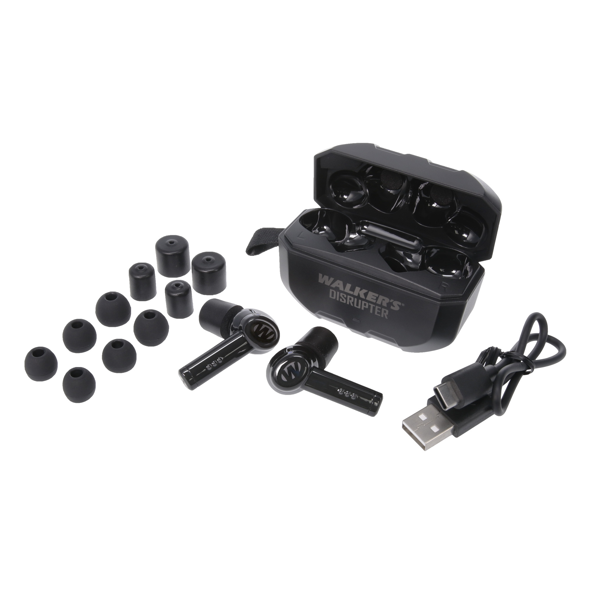 Walker's Disrupter noise-canceling Bluetooth electronic earbuds in black with charging case
