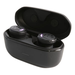 Walker's Suppressor Bluetooth electronic earbuds in black with rugged USB charging case